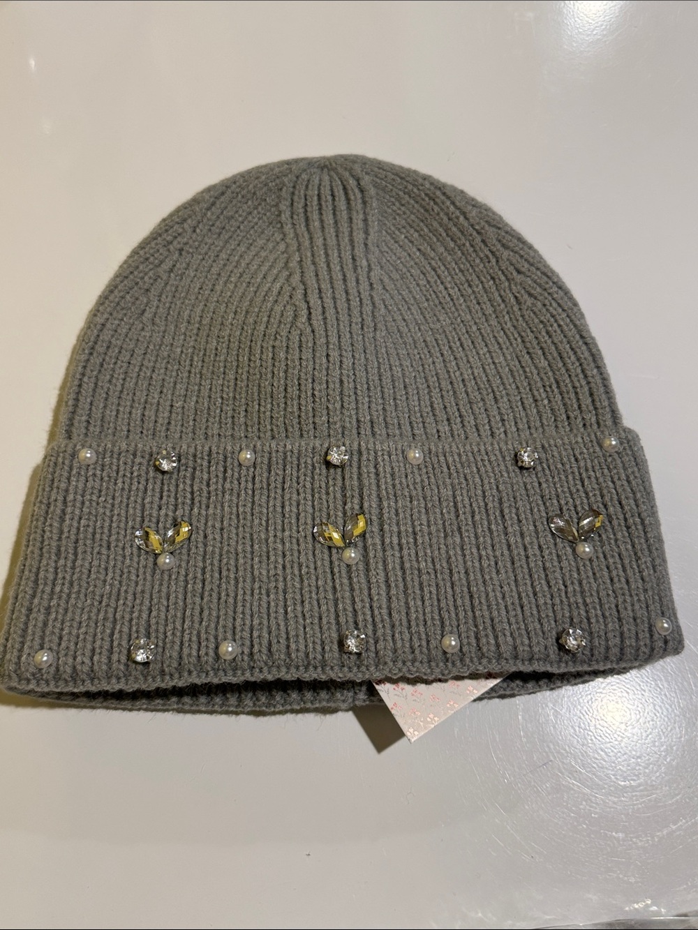 Lulla Collection Grey Knit Beanie with Crystal and Pearl Accents